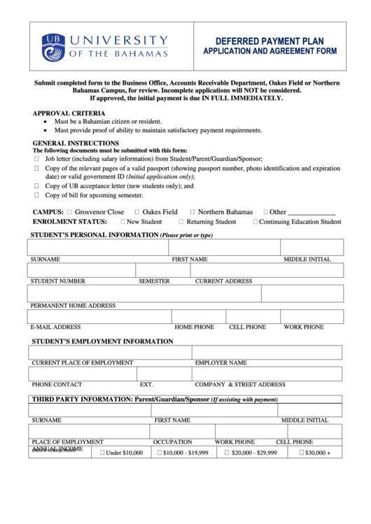 Deferred Payment Plan Application And Agreement Form - University Of The Bahamas Printable pdf