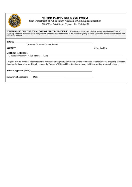 Third Party Release Form - Utah Printable pdf