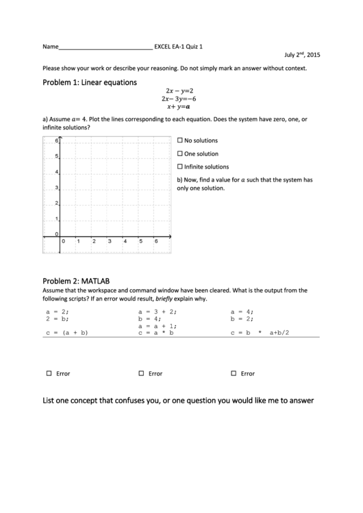 Excel Quiz Template (linear Equations, Matlab)