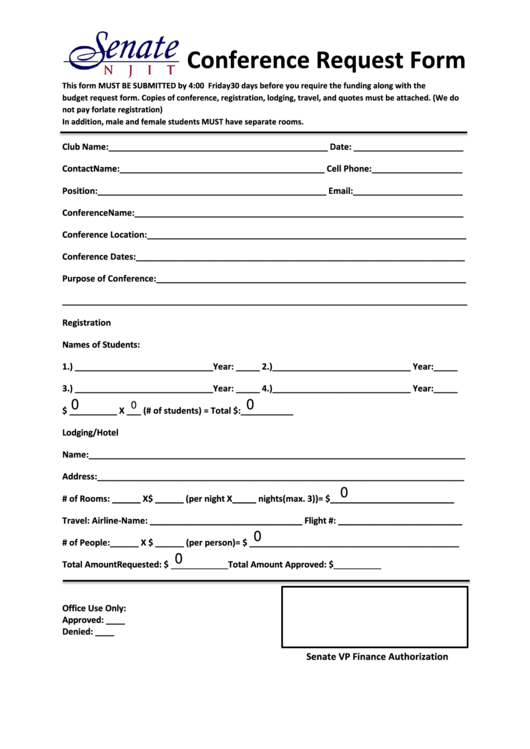 Fillable Conference Request Form - Njit Senate Printable pdf