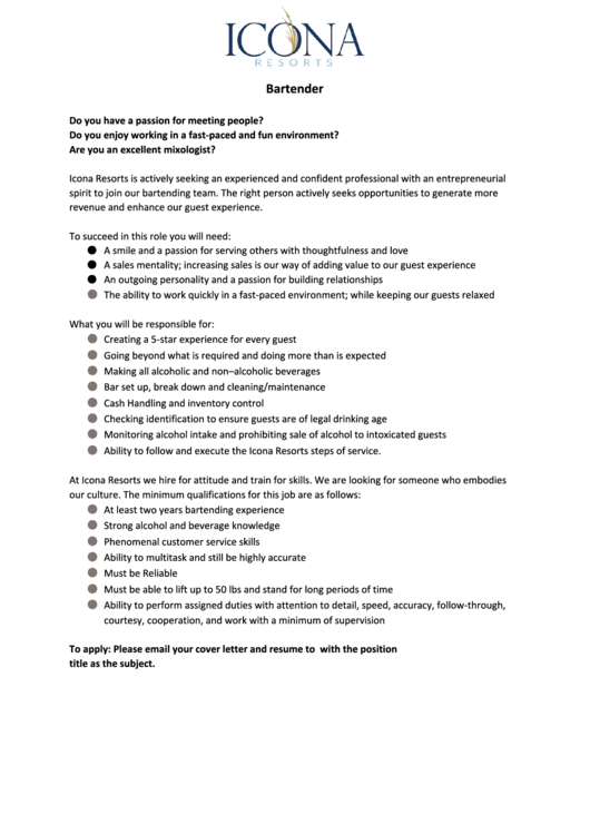 Bartender Job Description printable pdf download