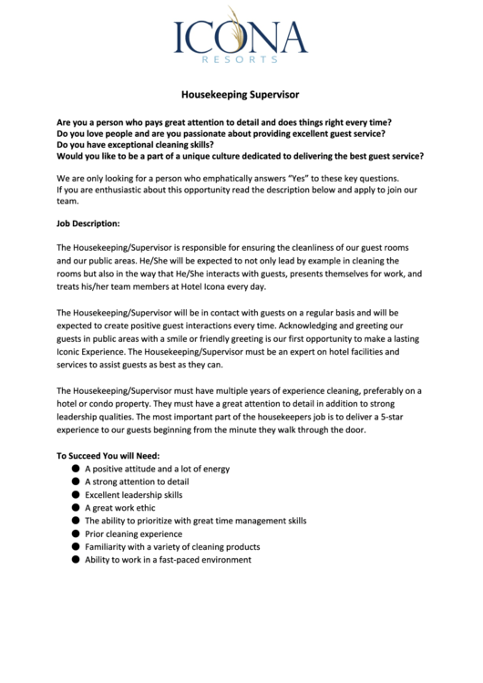 Housekeeping Supervisor Job Description Printable pdf