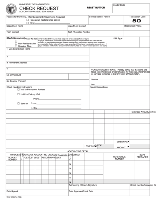 Fillable Check Request Form - University Of Washington Printable pdf