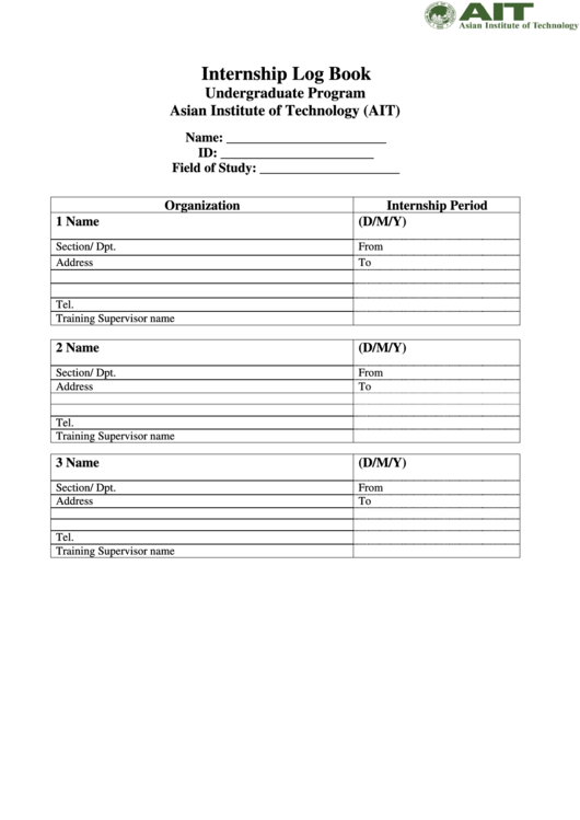 Internship Log Book - Asian Institute Of Technology Printable pdf