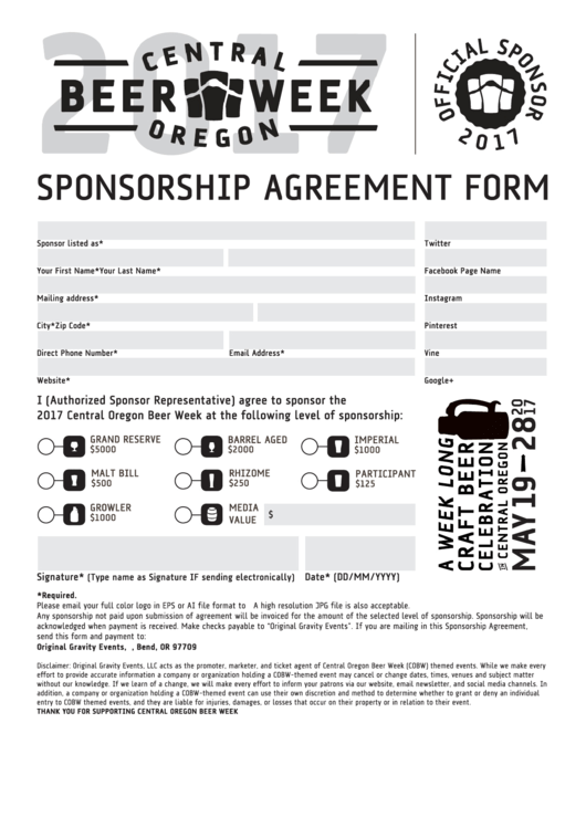 Fillable Sponsorship Agreement Form Printable pdf