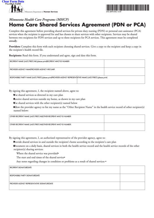 Fillable Home Care Shared Services Agreement Printable pdf