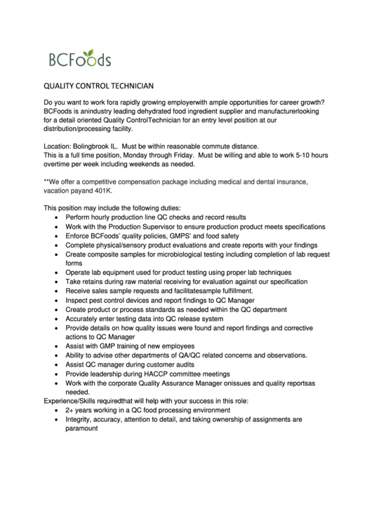 Quality Control Tecnician Sample Job Description Printable pdf