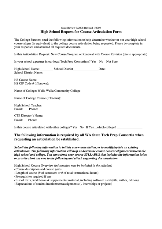 High School Request For Course Articulation Form - Walla Walla Community College Printable pdf