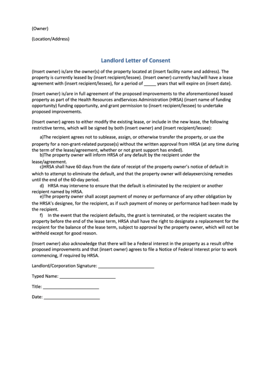 Landlord Letter Of Consent Template Printable pdf