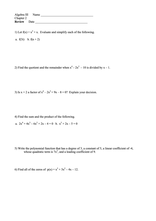 Algebra Review Sheet Template Printable pdf