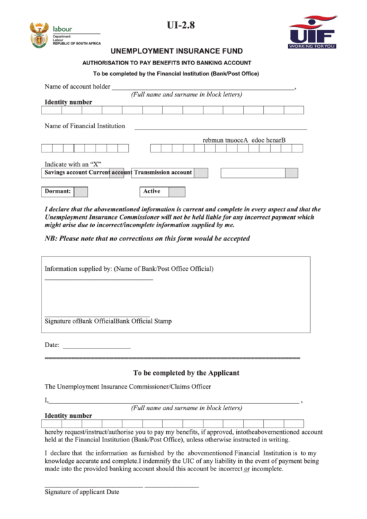 Form Ui-2.8 - Authorisation To Pay Benefits Into Banking Account - Department Of Labour, Republic Of South Africa Printable pdf