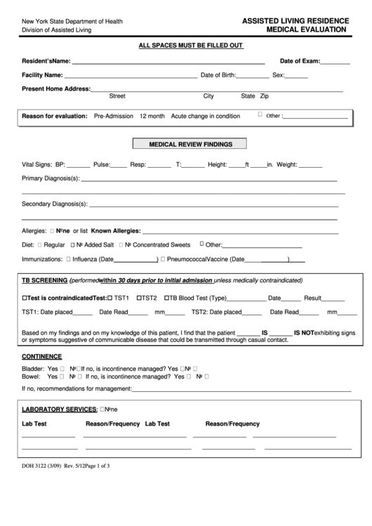 Form Doh 3122 - Assisted Living Residence Medical Evaluation Form - New York Printable pdf