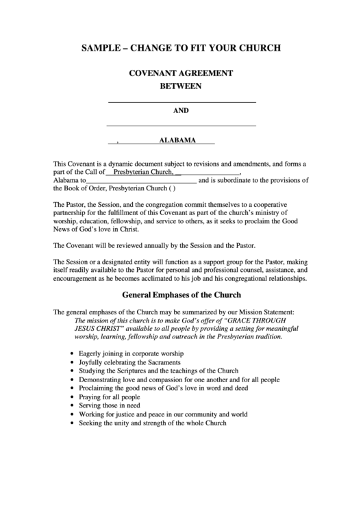 Fillable Covenant Agreement Sample Printable pdf