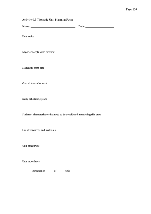 Thematic Unit Planning Form Printable pdf