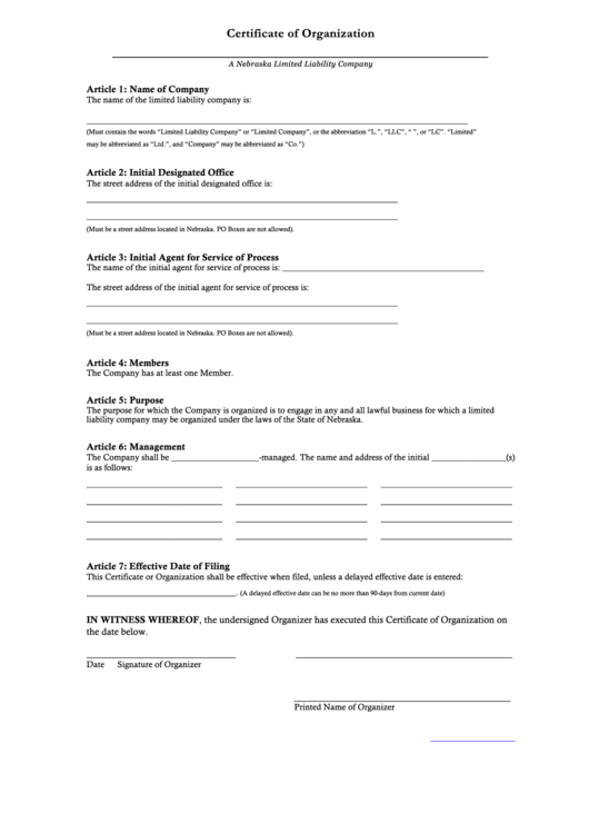 Fillable Certificate Of Organization - A Nebraska Limited Liability Company Printable pdf