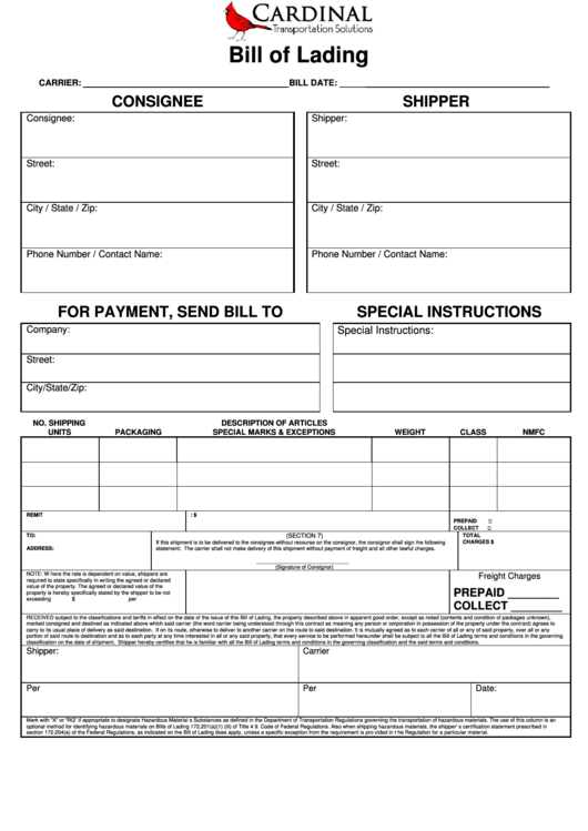 Blank Bill Of Lading Form Printable pdf