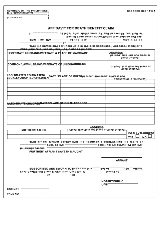 Affidavit For Death Benefit Claim Form Printable pdf