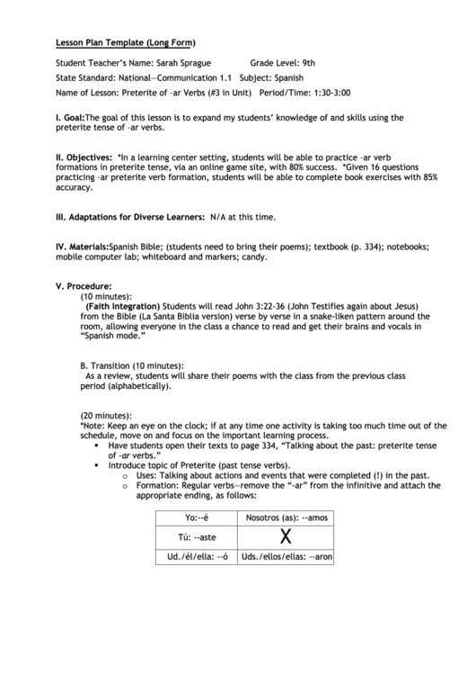 Lesson Plan Template (Long Form) Printable pdf