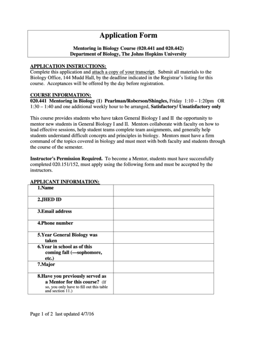 Fillable Application Form - The Johns Hopkins University Printable pdf