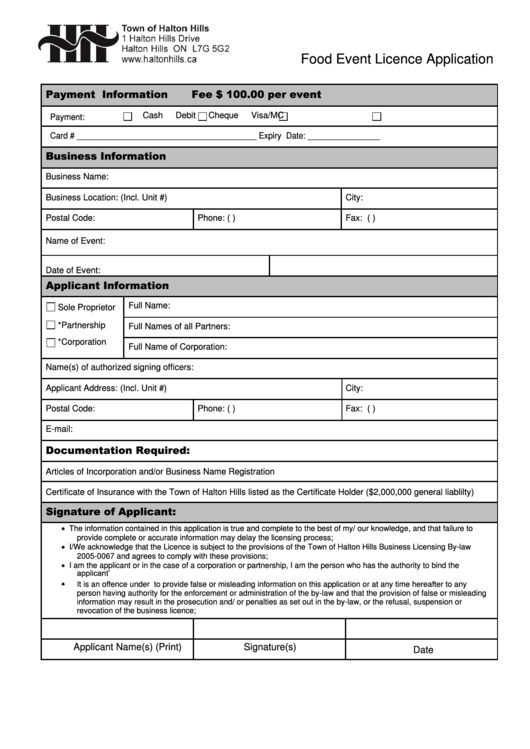 Food Event Licence Application Form Printable pdf