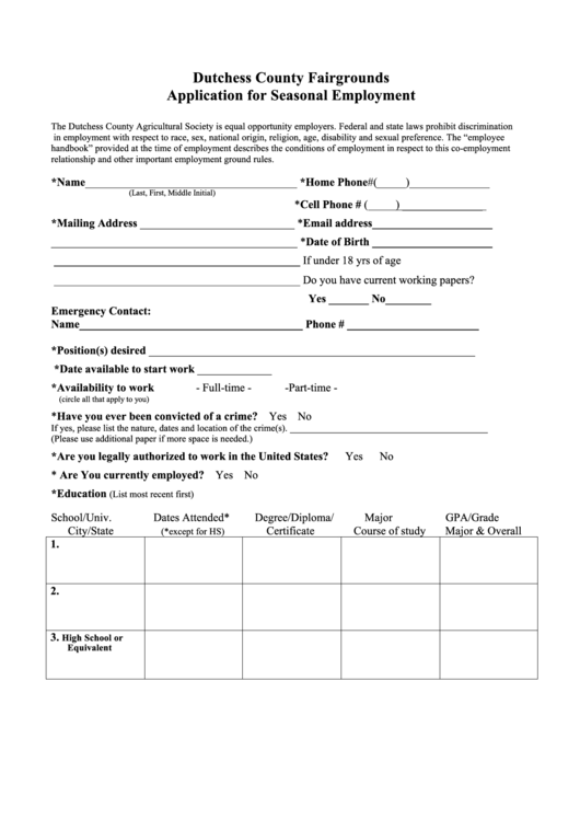 Dutchess County Fairgrounds Application For Seasonal Employment Printable pdf