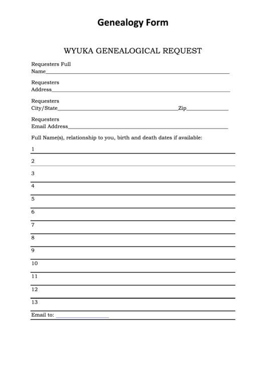 Wyuka Genealogical Request - Genealogy Form Printable pdf