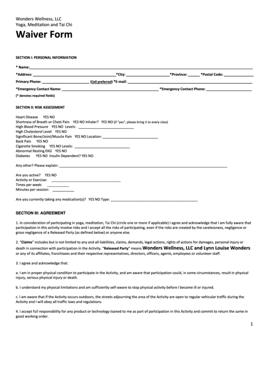 Waiver Form - Wonders Counseling Printable pdf
