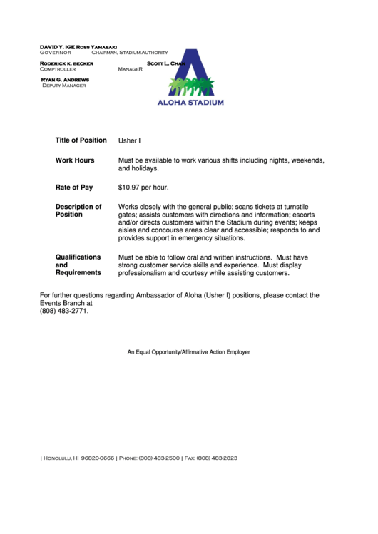 Usher Job Description printable pdf download