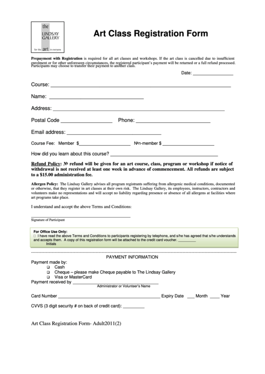 Fillable Art Class Registration Form Printable pdf