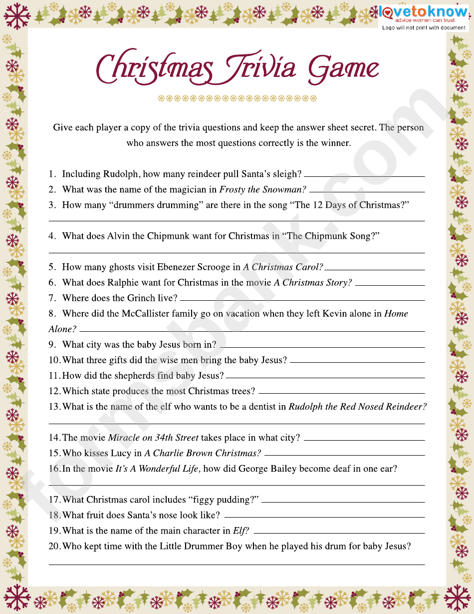 Christmas Trivia Game Template printable pdf download