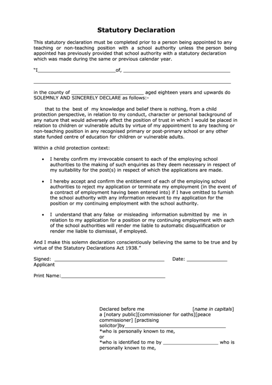 Statutory Declaration Template Printable pdf
