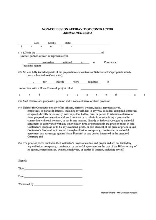 Non-Collusion Affidavit Of Contractor Form Printable pdf