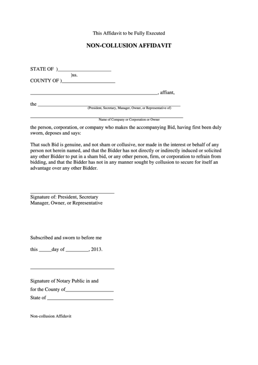 Non-Collusion Affidavit Form Printable pdf