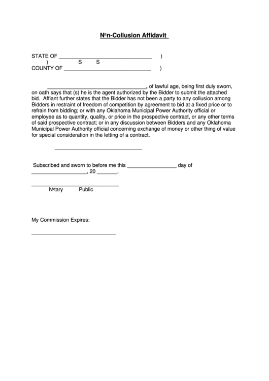 Non-Collusion Affidavit Form Printable pdf
