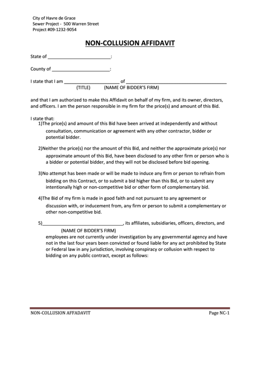 Non-Collusion Affidavit Form Printable pdf