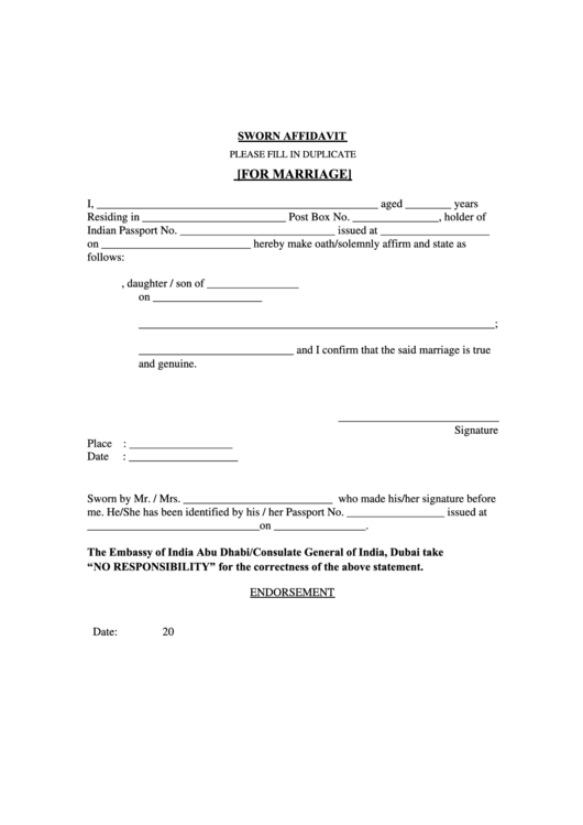 Sworn Affidavit Form For Marriage Printable pdf