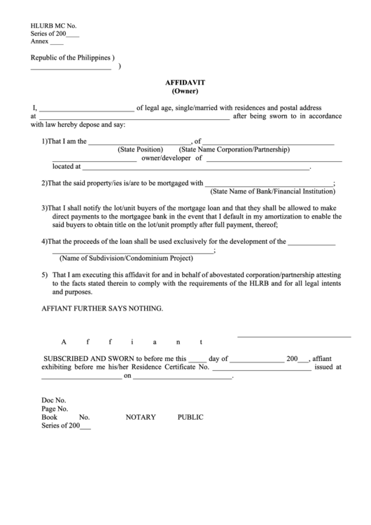 Fillable Affidavit (Owner) - Philippines Printable pdf