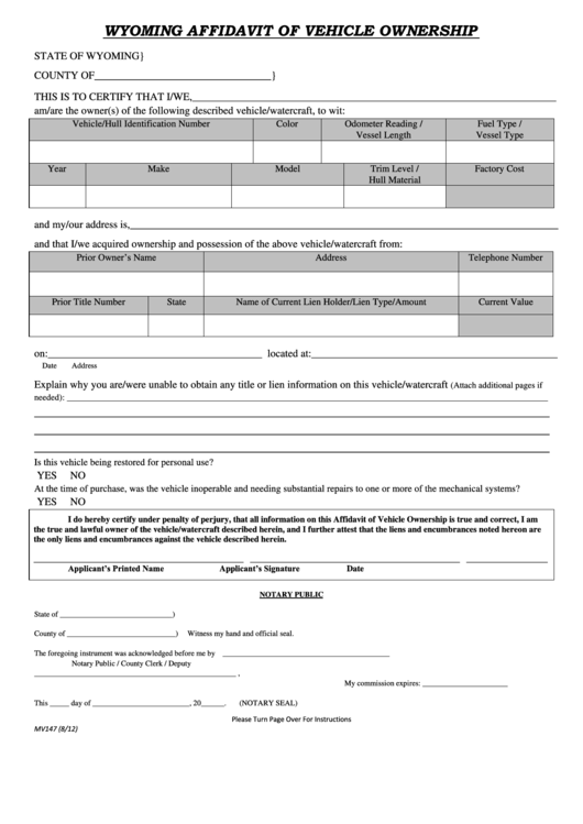 Form Mv147 - Wyoming Affidavit Of Vehicle Ownership Printable pdf