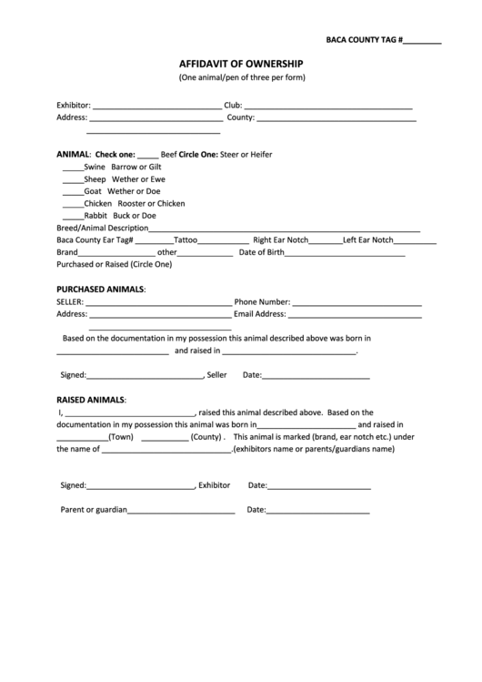 Affidavit Of Ownership Form (One Animal/pen Of Three Per Form) Printable pdf