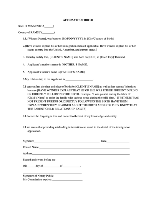 Affidavit Of Birth Form Printable pdf