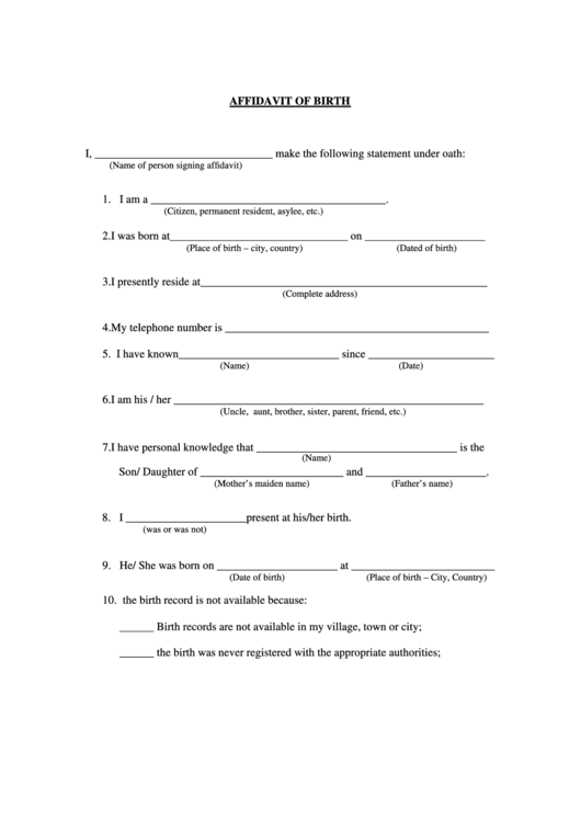 Affidavit Of Birth Form Printable pdf