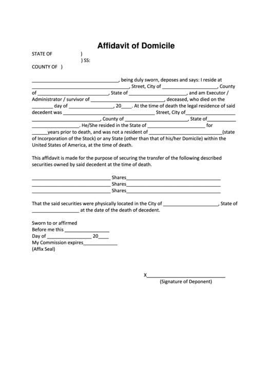 Affidavit Of Domicile Form Printable pdf
