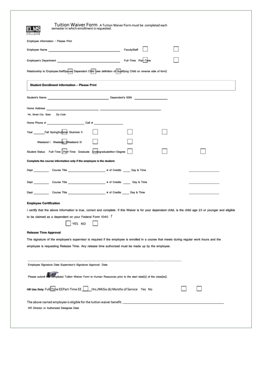 Tuition Waiver Form - Elms College Printable pdf