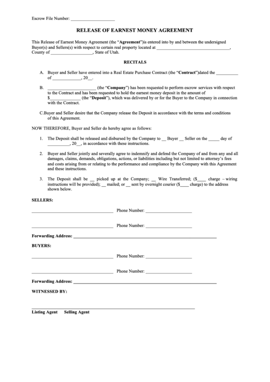 Release Of Earnest Money Agreement Form Printable pdf