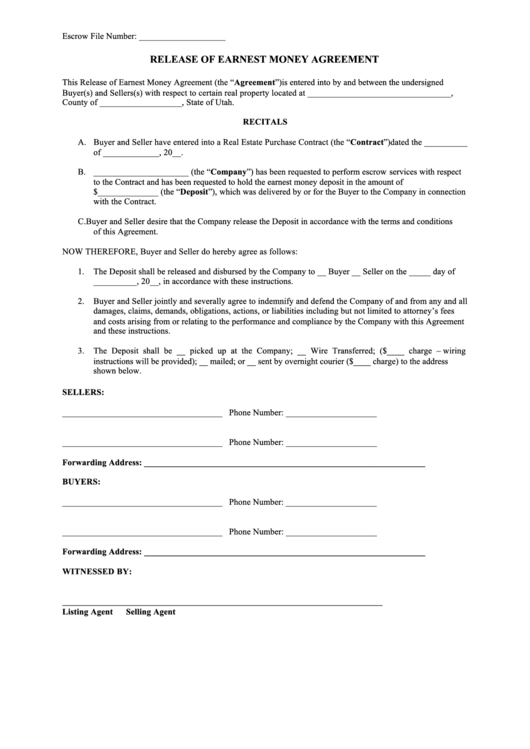 Release Of Earnest Money Agreement Form Printable Pdf Download