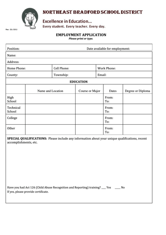 Employment Application Form - Northeast Bradford School District Printable pdf