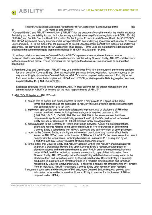 Hipaa Business Associate Agreement Printable pdf