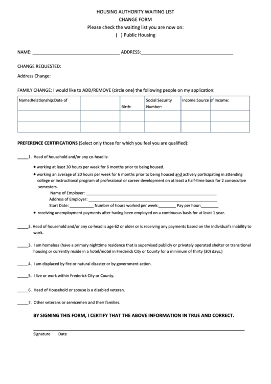 Housing Authority Waiting List Change Form Printable pdf