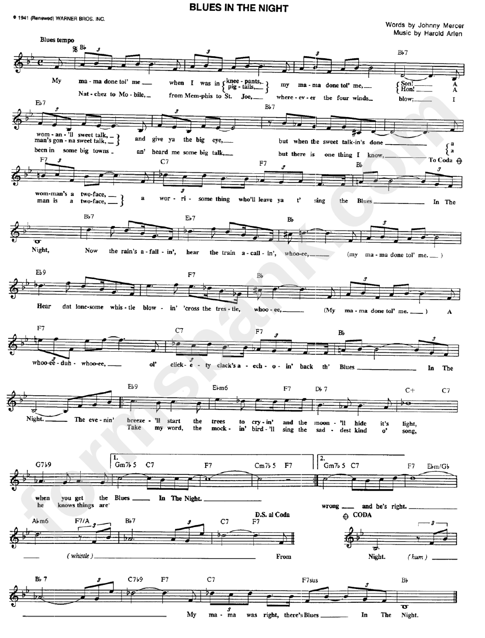Blues In The Night (Sheet Music) Words By Johnny Mercer