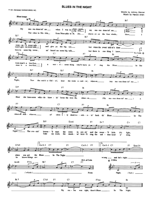Blues In The Night (Sheet Music) Words By Johnny Mercer Printable pdf